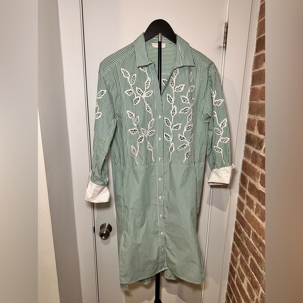 Sandro Green & White Striped Embroidered Button-Down Dress (or Tunic!)